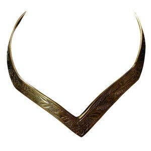 Brass Necklace Torque Style Collar Choker Vintage Gold Tone Etched Chevron